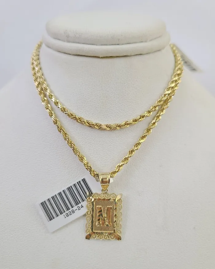 Gold and Diamond Necklaces 10k Gold Initial M Charm Rope Chain 1626 25mm SET Necklace Alphabet Pendant