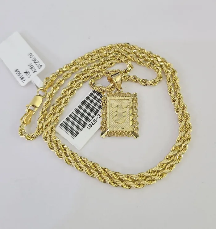 Gold and Diamond Necklaces 10k Gold Initial U Charm Rope Chain 1626 25mm SET Necklace Alphabet Pendant