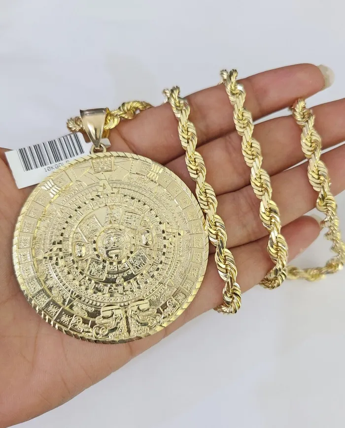Gold and Diamond Necklaces Real 10k Solid Rope Chain Mayan Calendar Charm Set 6mm 2030 Inch Necklace