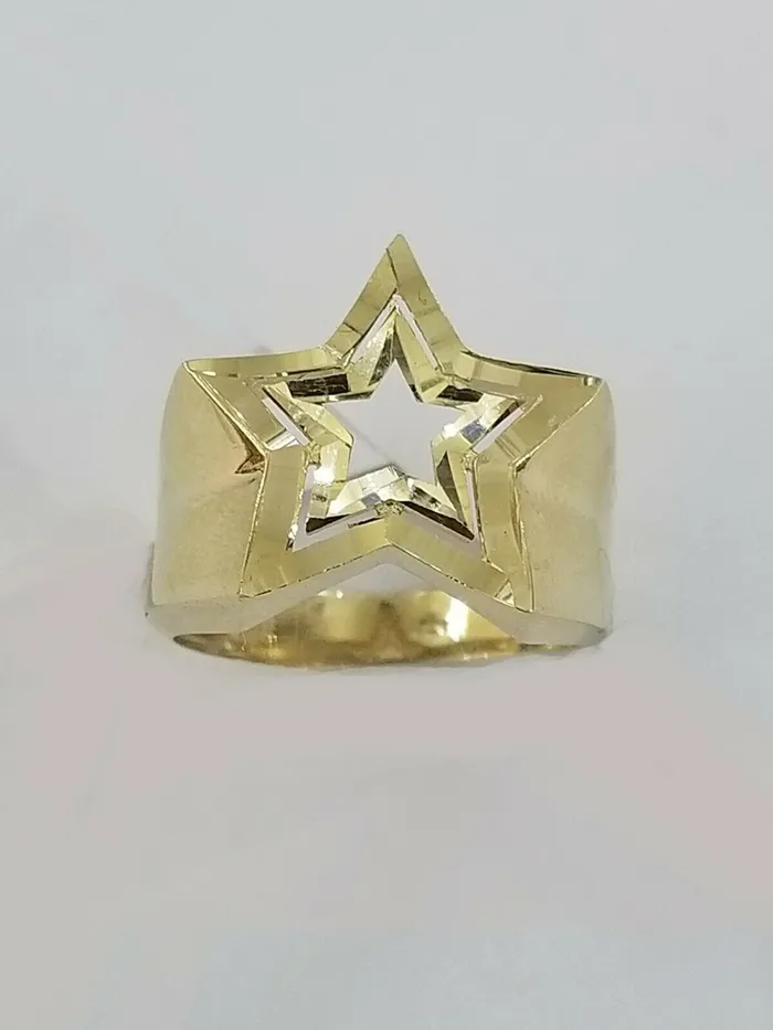 Gold and Diamond Rings 10k Yellow Gold Double Star Mens Ring Diamond Cut Design Real 10k casual pinky