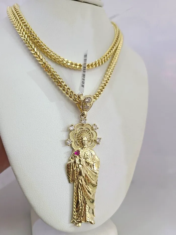 Necklaces Gold and Diamond 10K Franco Chain Saint Jude Pendant Charm 2028 4mm Gold SET Necklace Yellow