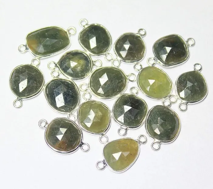Rings 2 pcs 18mm Untreated Green Sapphire Uneven Oval 925 Sterling Silver Connector Beads Supplies USA